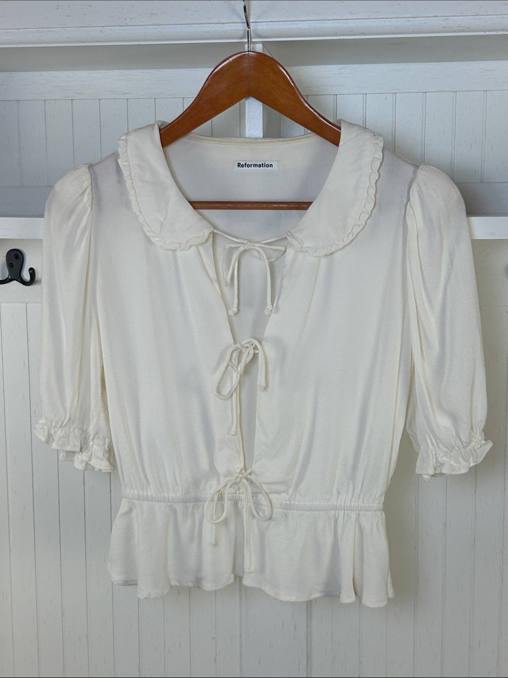 Reformation Ivory Tie Front Peplum Blouse Size S